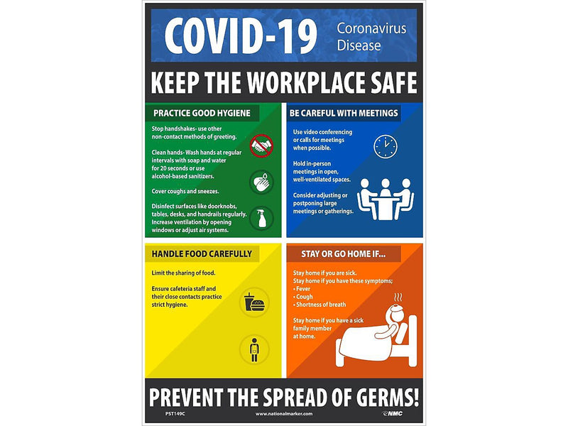 National Marker Vinyl Poster, "COVID-19 Keep the Workplace Safe," 18" x 12", Multicolor (PST149C)