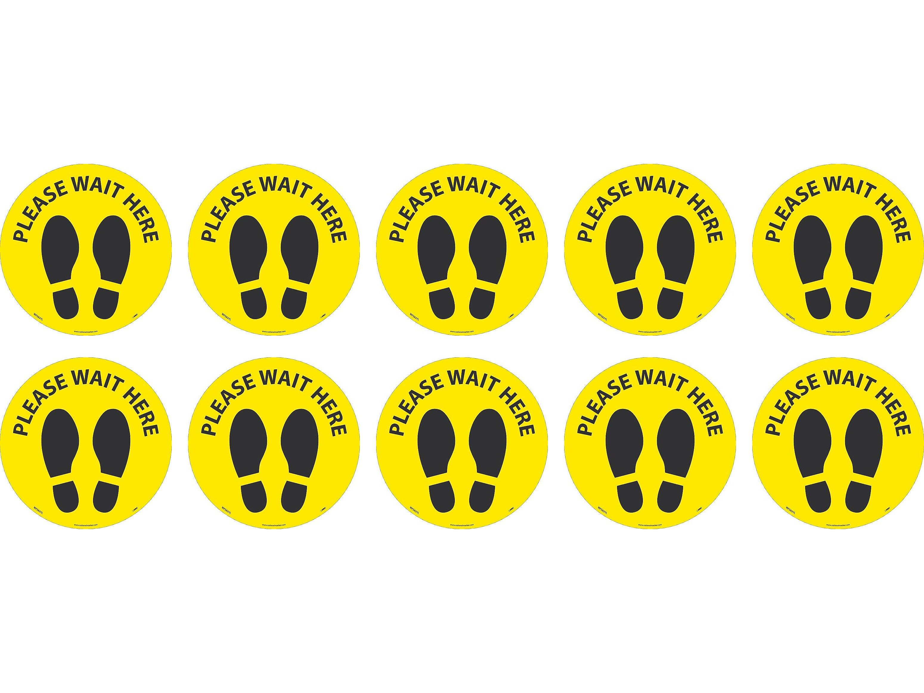 National Marker Walk-On™ Floor Decal, "Please Wait Here," 8", Yellow/Black, 10 (WFS83YL10)