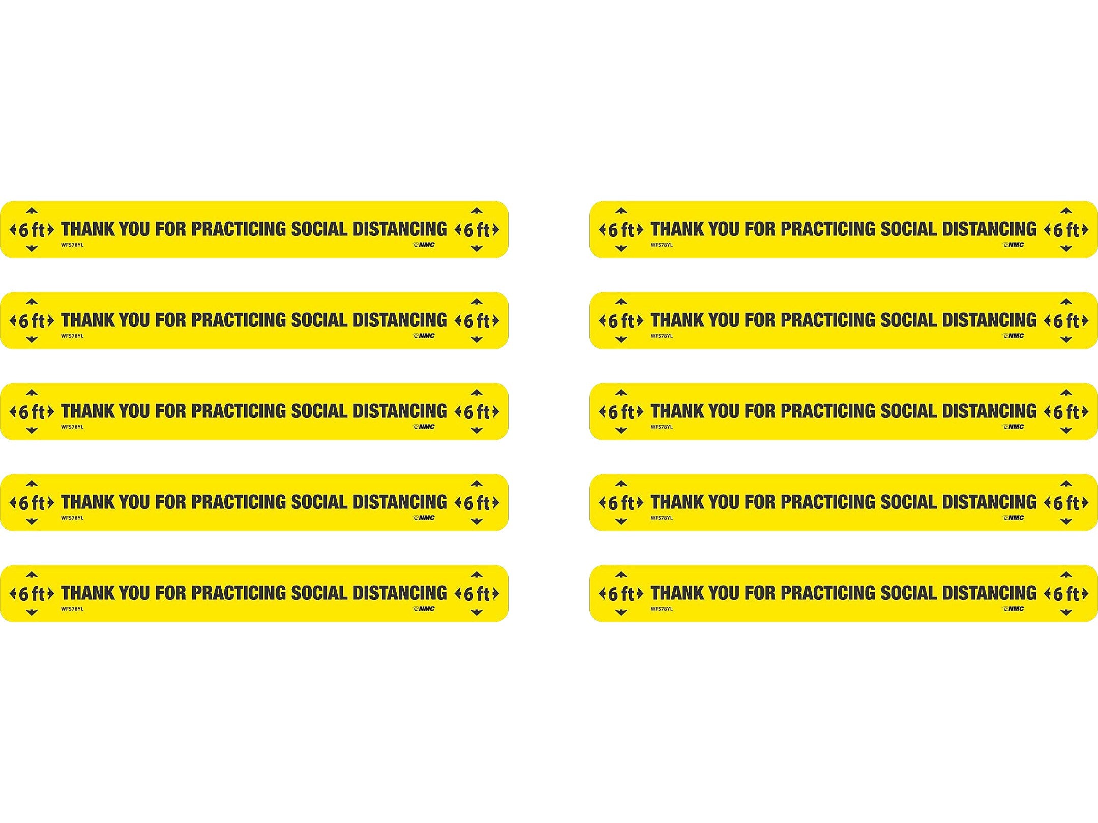 National Marker Walk-On™ Floor Decal, "Thank You for Practicing Social Distancing," 2.25" x 20", Yellow/Black, 10 (WFS78YL10)
