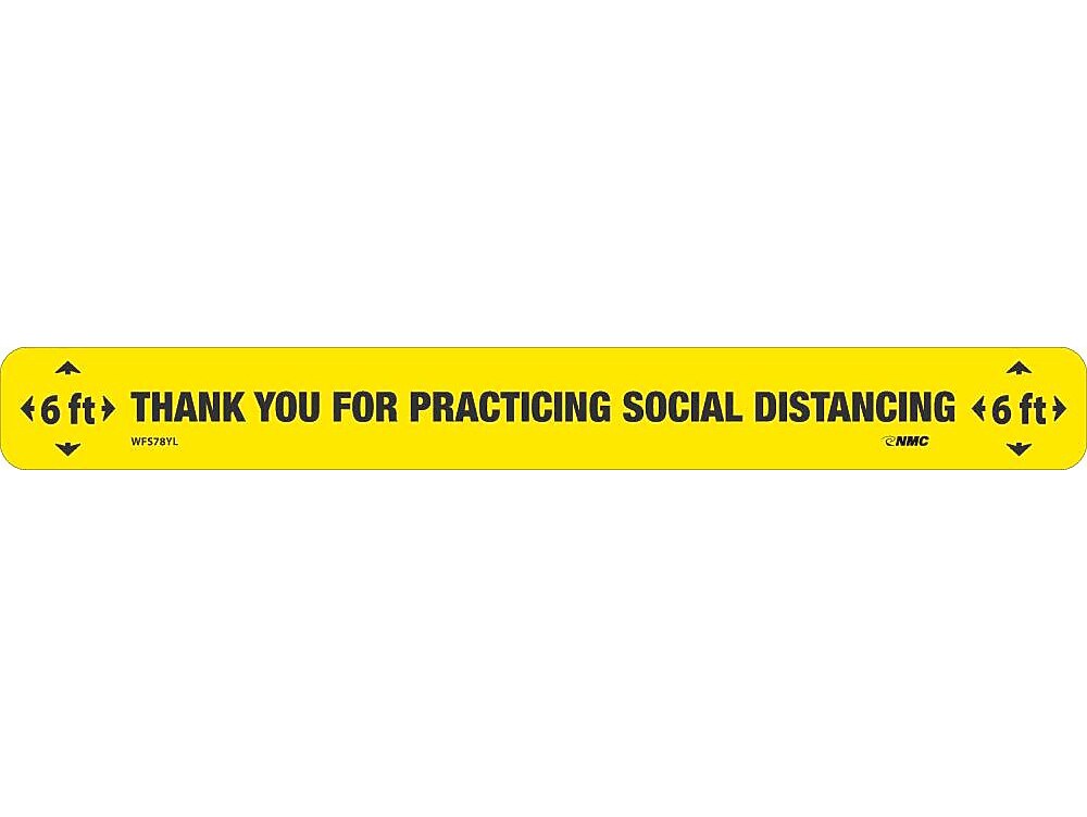 National Marker Walk-On™ Floor Decal, "Thank You for Practicing Social Distancing," 2.25" x 20", Yellow/Black, 10 (WFS78YL10)