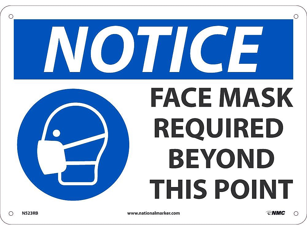 National Marker Wall Sign, "Notice: Face Mask Required Beyond This Point," Plastic, 10" x 14", Blue/White (N523RB)
