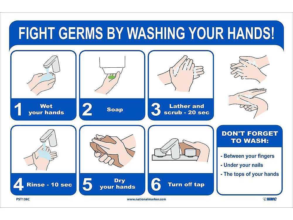 National Marker Vinyl Poster, "Fight Germs by Washing Your Hands!," 12" x 18", Blue/White (PST138C)