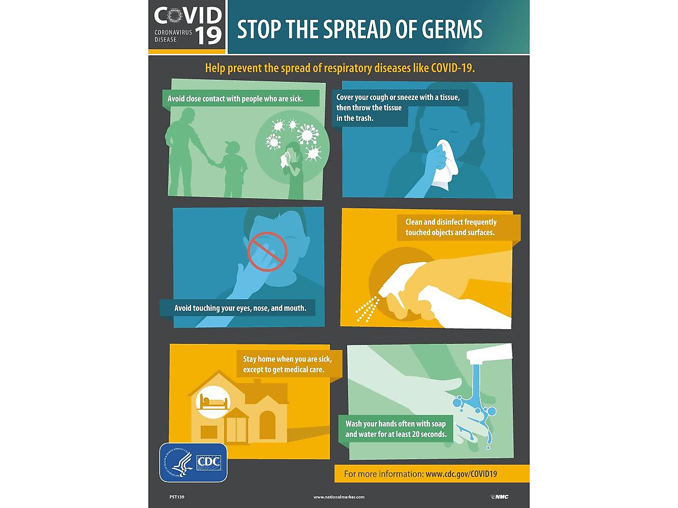 National Marker Poster, "COVID 19 Stop the Spread of Germs," 24" x 18", Multicolor (PST139)
