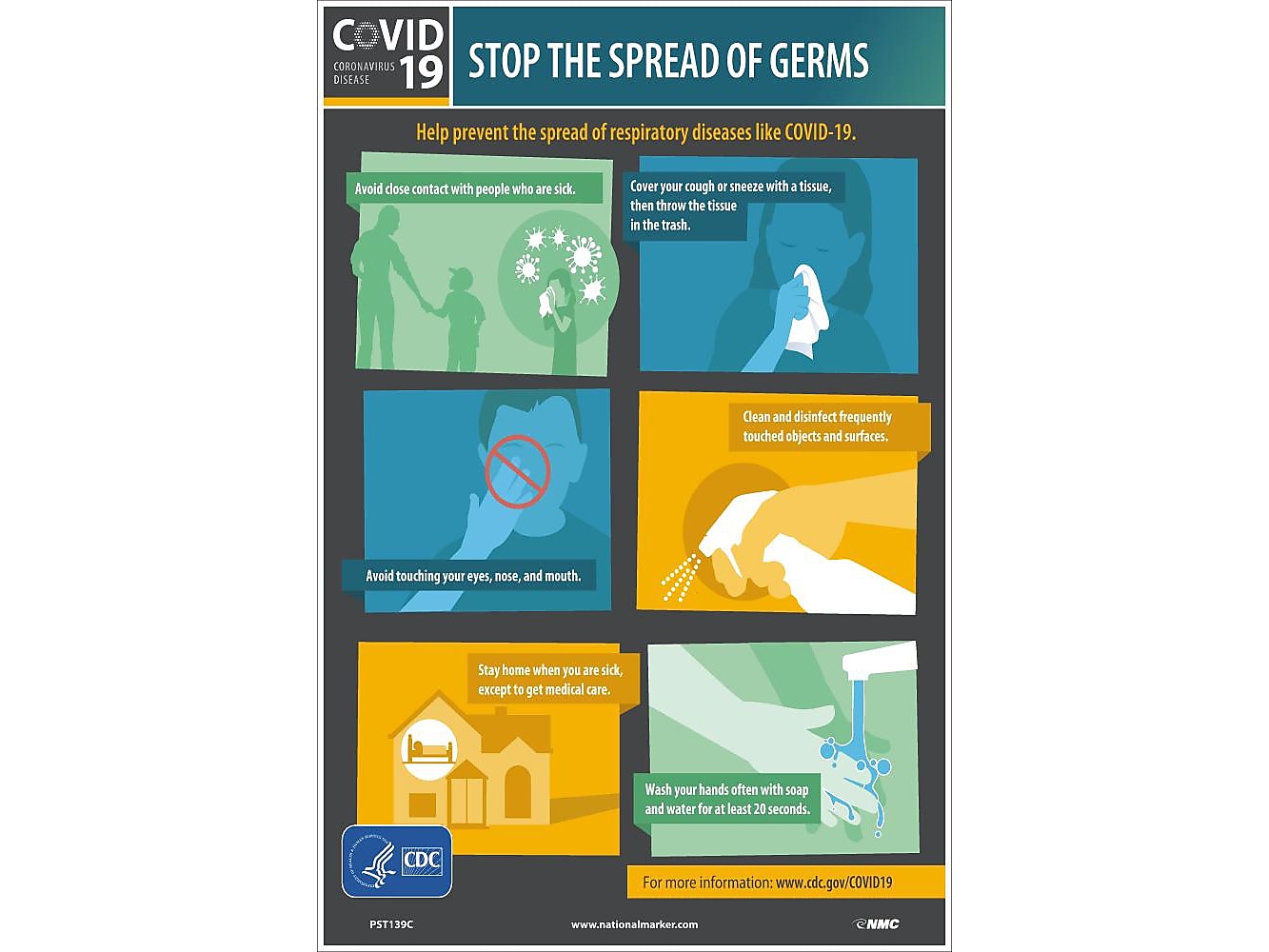 National Marker Vinyl Poster, "COVID 19 Stop the Spread of Germs," 18" x 12", Multicolor (PST139C)
