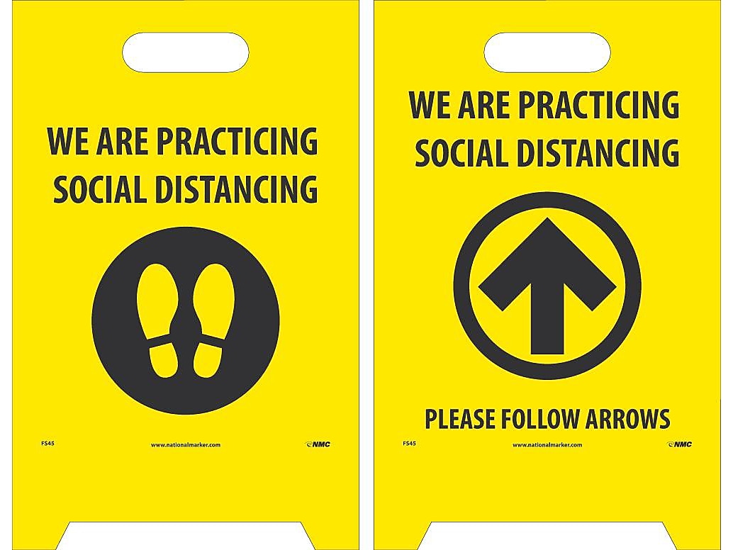 National Marker Double-Sided A-Frame Sign, "We are Practicing Social Distancing," 19" x 12", Yellow/Black (FS45)