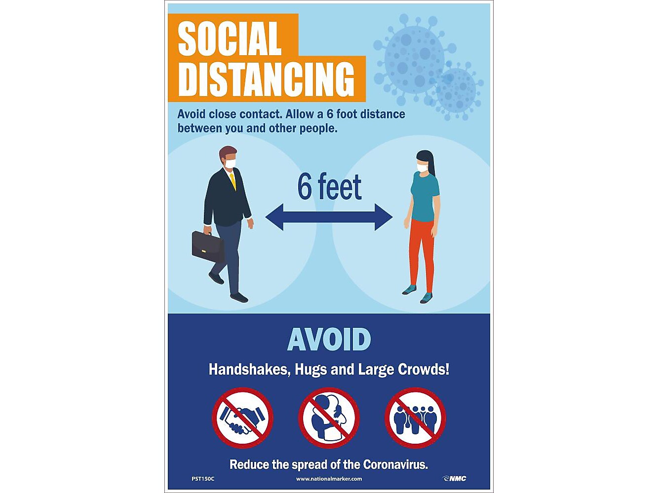 National Marker Vinyl Poster, "Social Distancing," 18" x 12", Blue/Orange (PST150C)