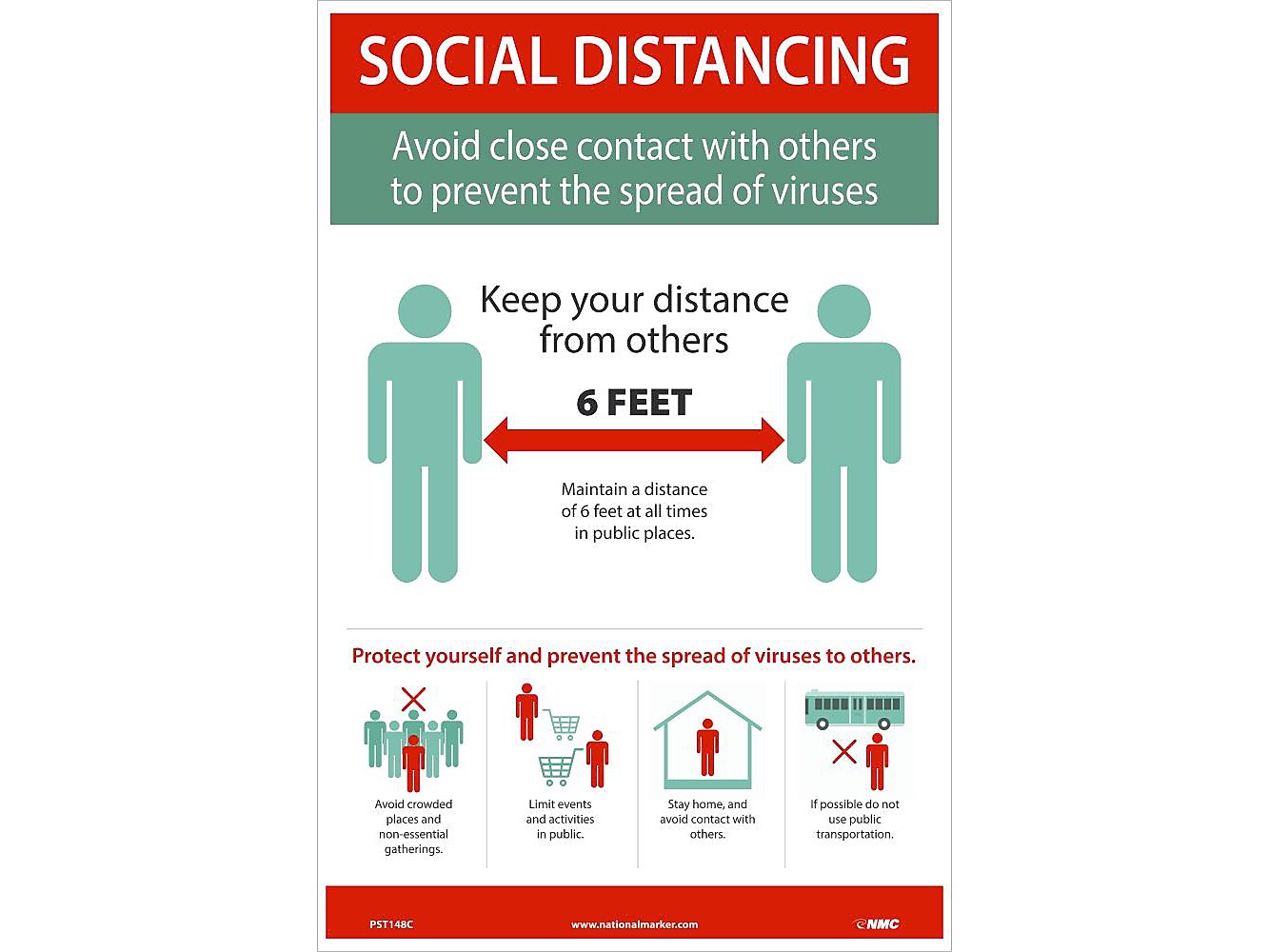 National Marker Vinyl Poster, "Social Distancing," 18" x 12", Red/Green/White (PST148C)