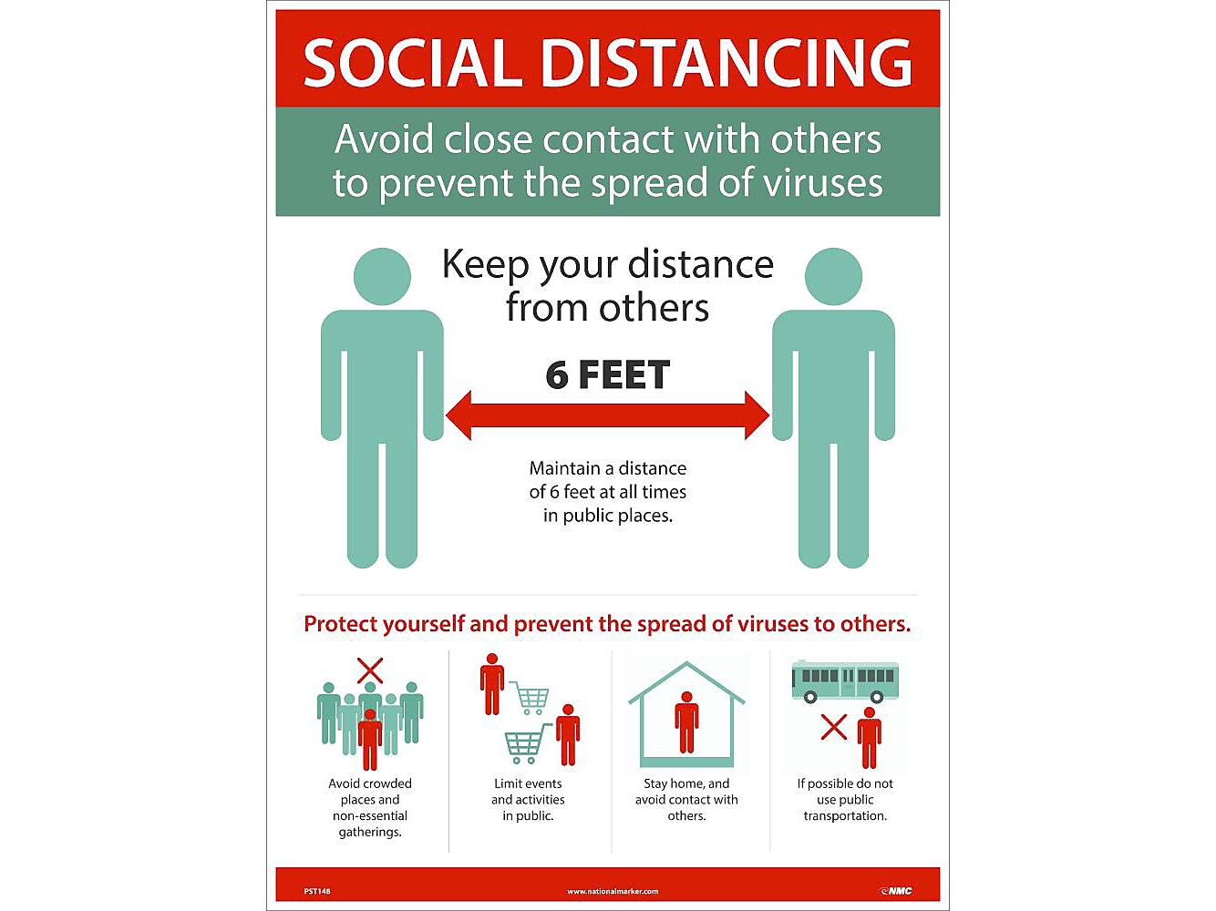 National Marker Poster, "Social Distancing," 24" x 18", Red/Green/White (PST148)