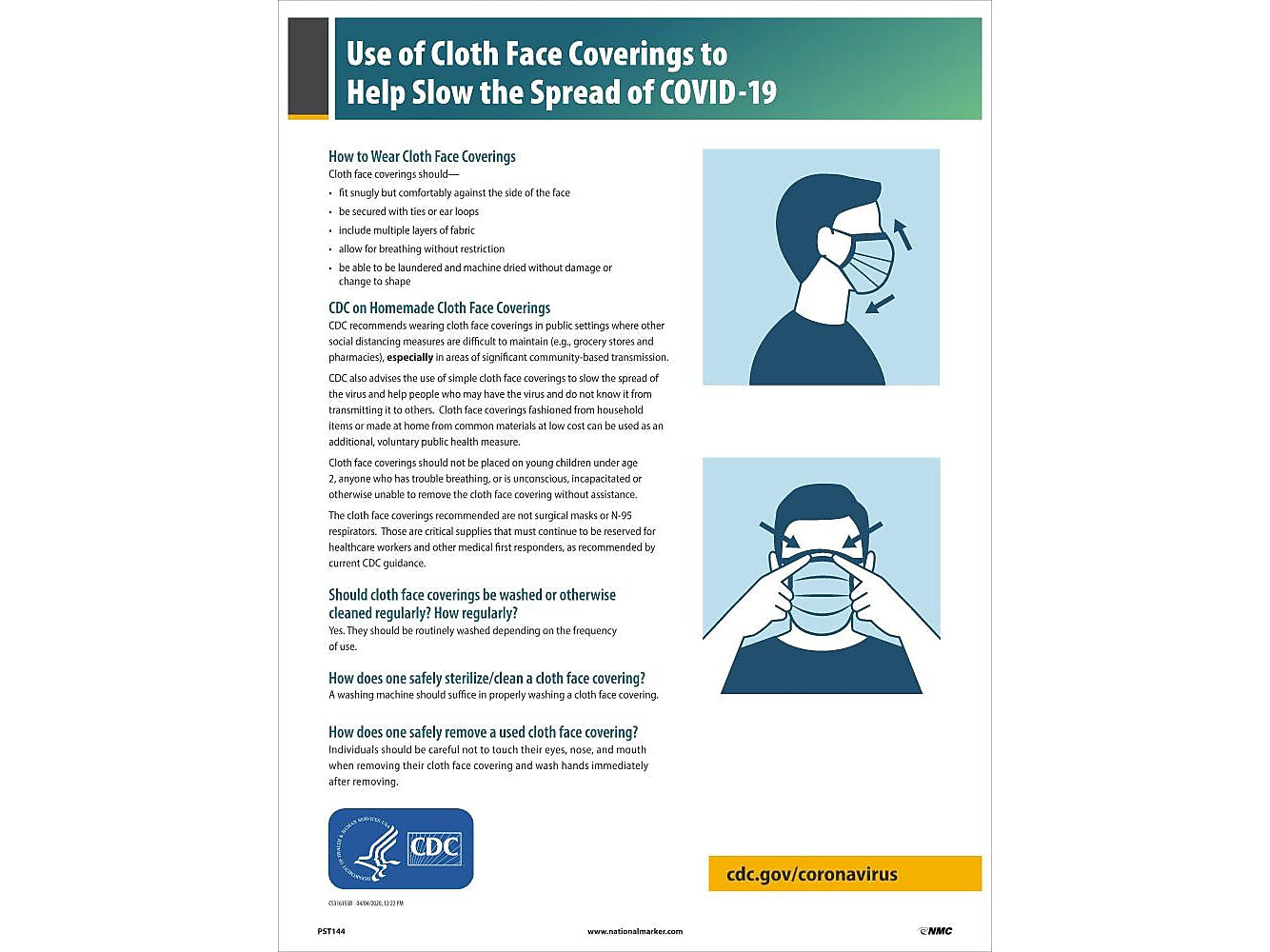 National Marker Poster, "Use of Cloth Face Coverings to Help Slow the Spread of COVID-19," 24" x 18", Multicolor (PST144)