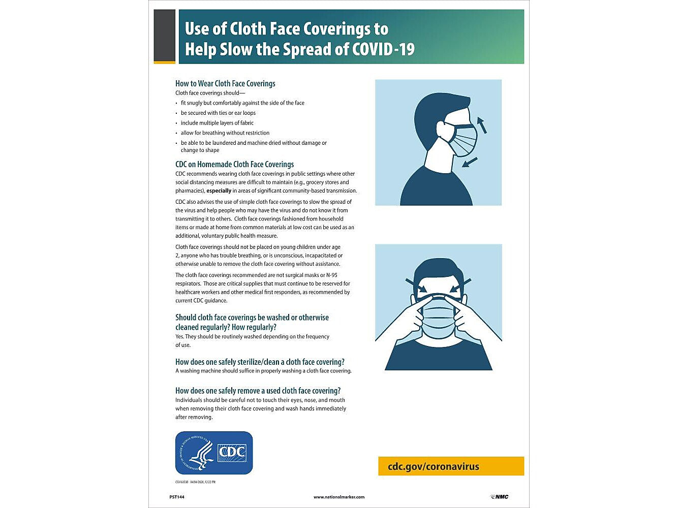 National Marker Vinyl Poster, "Use of Cloth Face Coverings to Help Slow the Spread of COVID-19," 18" x 12", Multicolor (PST144C)