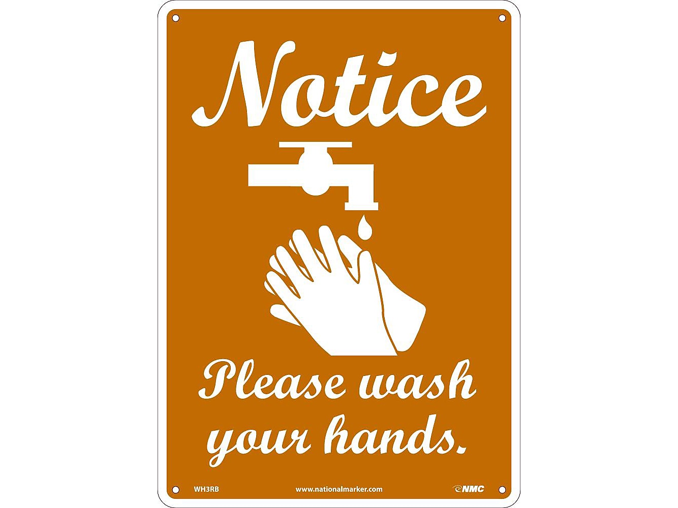 National Marker Wall Sign, "Notice: Please Wash Your Hands," Plastic, 14" x 10", Brown/White (WH3RB)