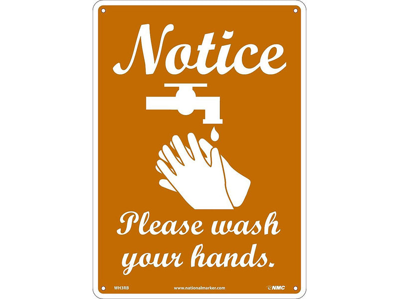 National Marker Wall Sign, "Notice: Please Wash Your Hands," Plastic, 14" x 10", Brown/White (WH3RB)