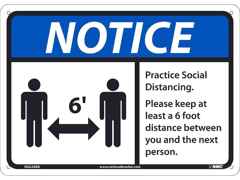National Marker Wall Sign, "Notice: Practice Social Distancing," Plastic, 10" x 14", Blue/White/Black (NGA38RB)