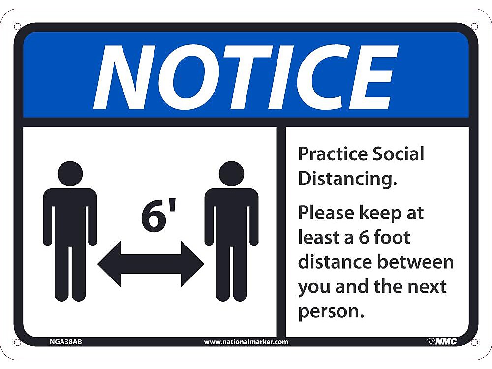 National Marker Wall Sign, "Notice: Practice Social Distancing," Aluminum, 10" x 14", Blue/White/Black (NGA38AB)