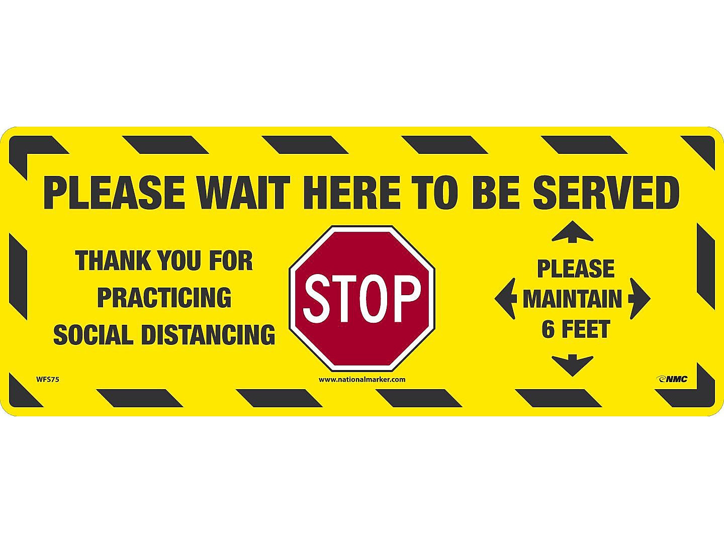 National Marker Walk-On™ Floor Decal, "Please Wait Here to be Served," 8" x 20", Yellow/Black/Red (WFS75)
