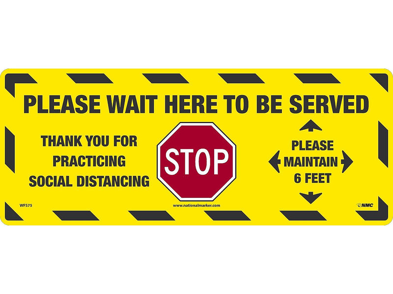 National Marker Walk-On™ Floor Decal, "Please Wait Here to be Served," 8" x 20", Yellow/Black/Red (WFS75)