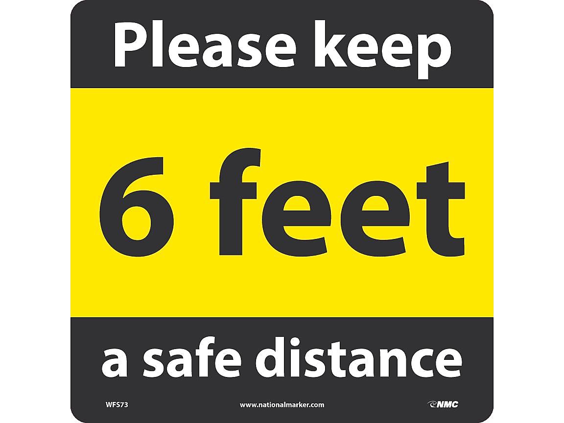 National Marker Walk-On™ Floor Decal, "6 Feet Please Keep a Safe Distance," 12" x 12", Yellow/Black (WFS73)