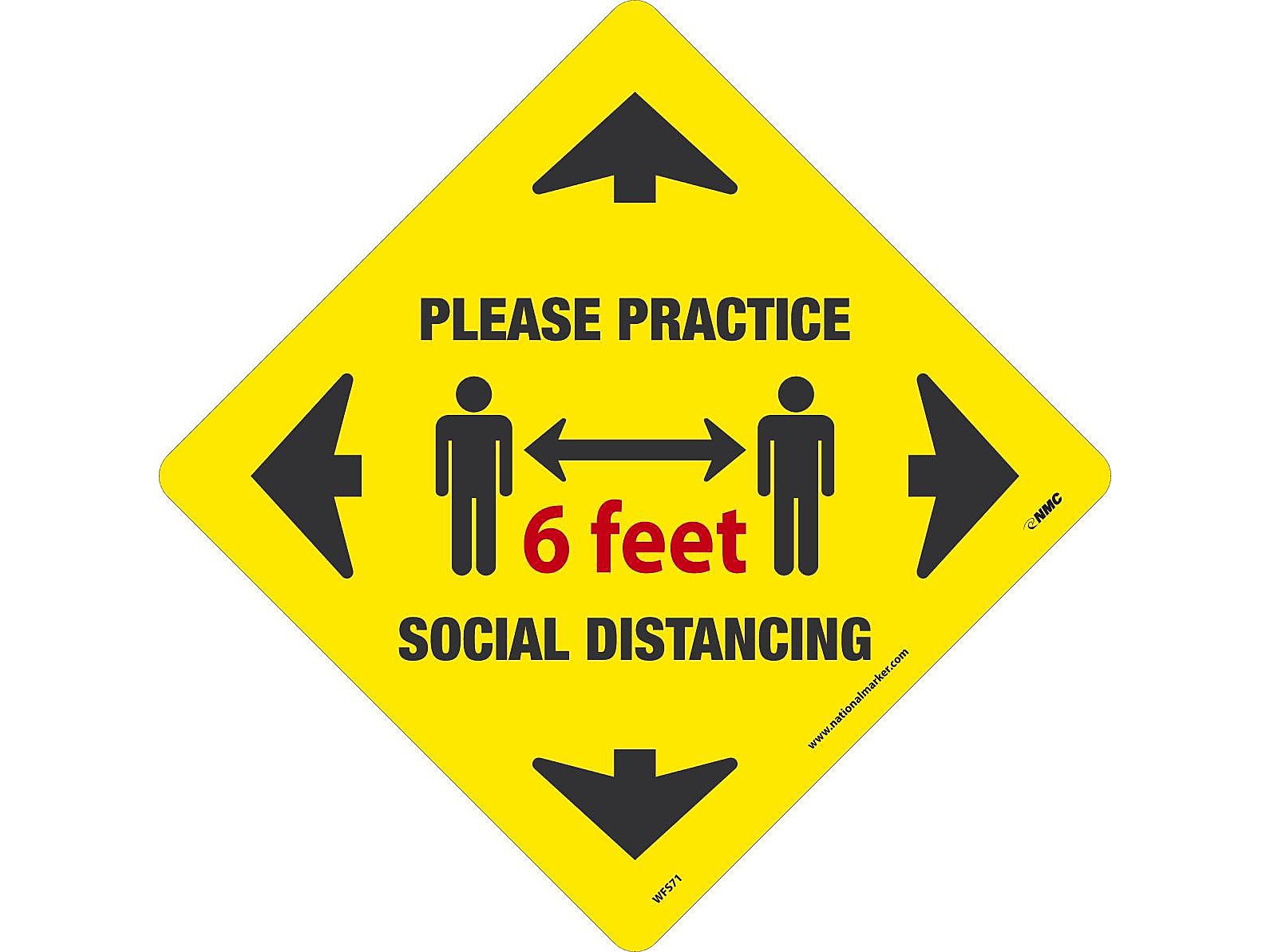 National Marker Walk-On™ Floor Decal, "Please Practice Social Distancing," 12" x 12", Yellow (WFS71)