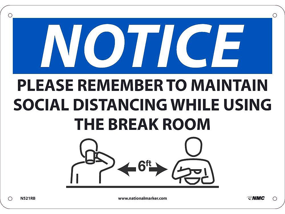 National Marker Wall Sign, "Please Maintain Social Distancing While Using Breakroom," Plastic, 10" x 14", Blue/White (N521RB)