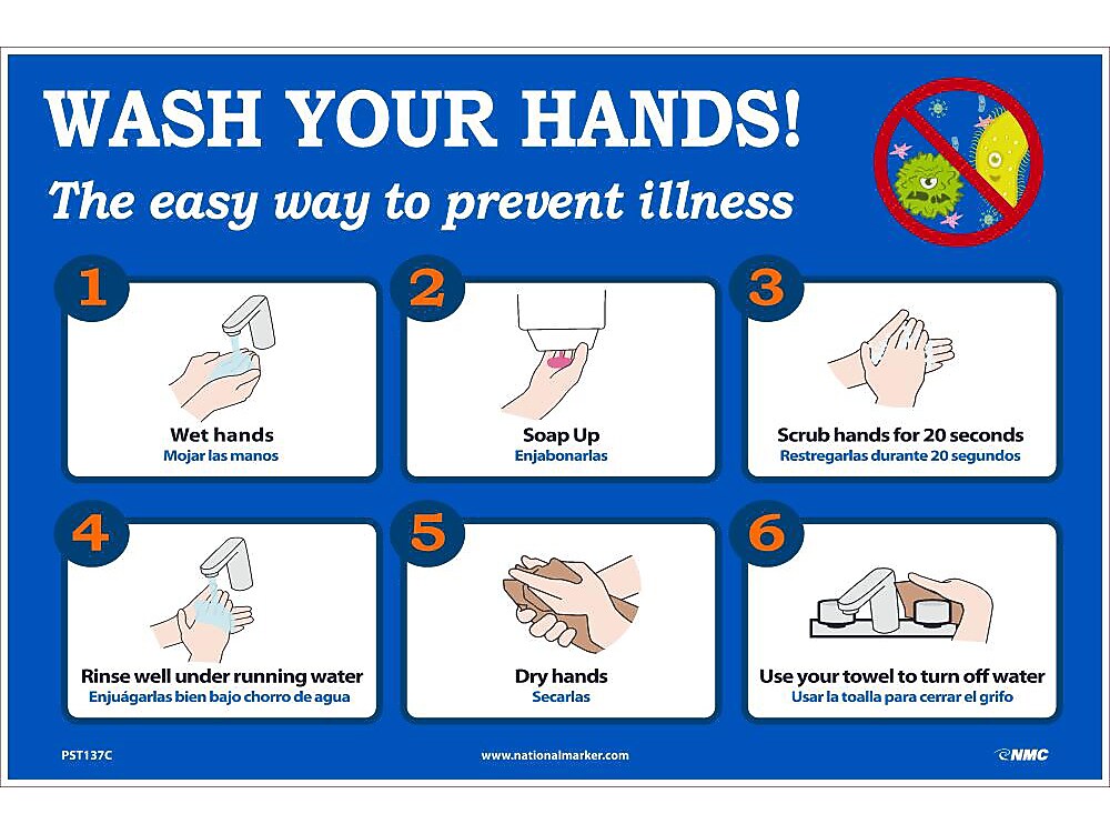 National Marker Vinyl Poster, "Wash Your Hands!," 12" x 18", Blue/White (PST137C)