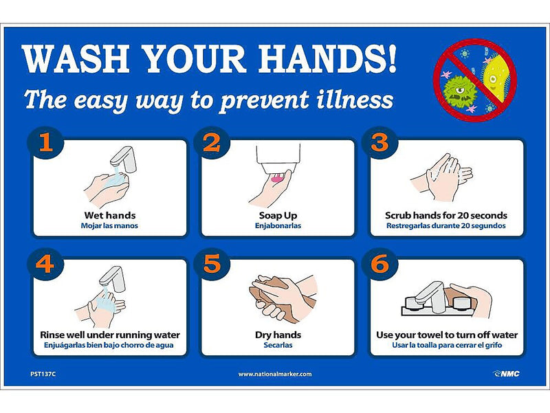 National Marker Vinyl Poster, "Wash Your Hands!," 12" x 18", Blue/White (PST137C)