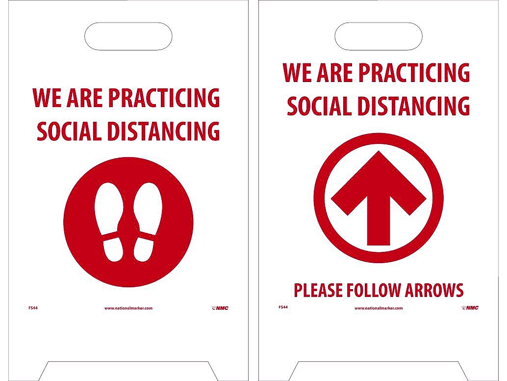National Marker Double-Sided A-Frame Sign, "We are Practicing Social Distancing," 19" x 12", White/Red (FS44)