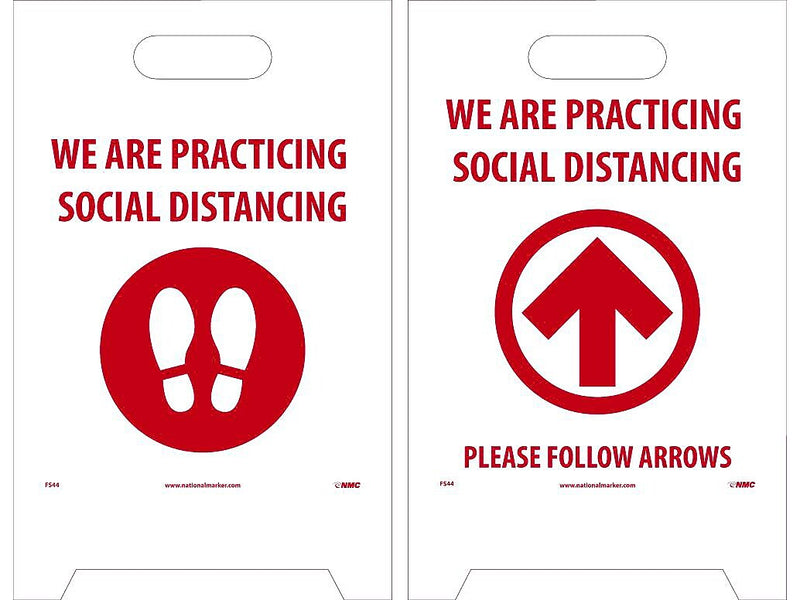 National Marker Double-Sided A-Frame Sign, "We are Practicing Social Distancing," 19" x 12", White/Red (FS44)