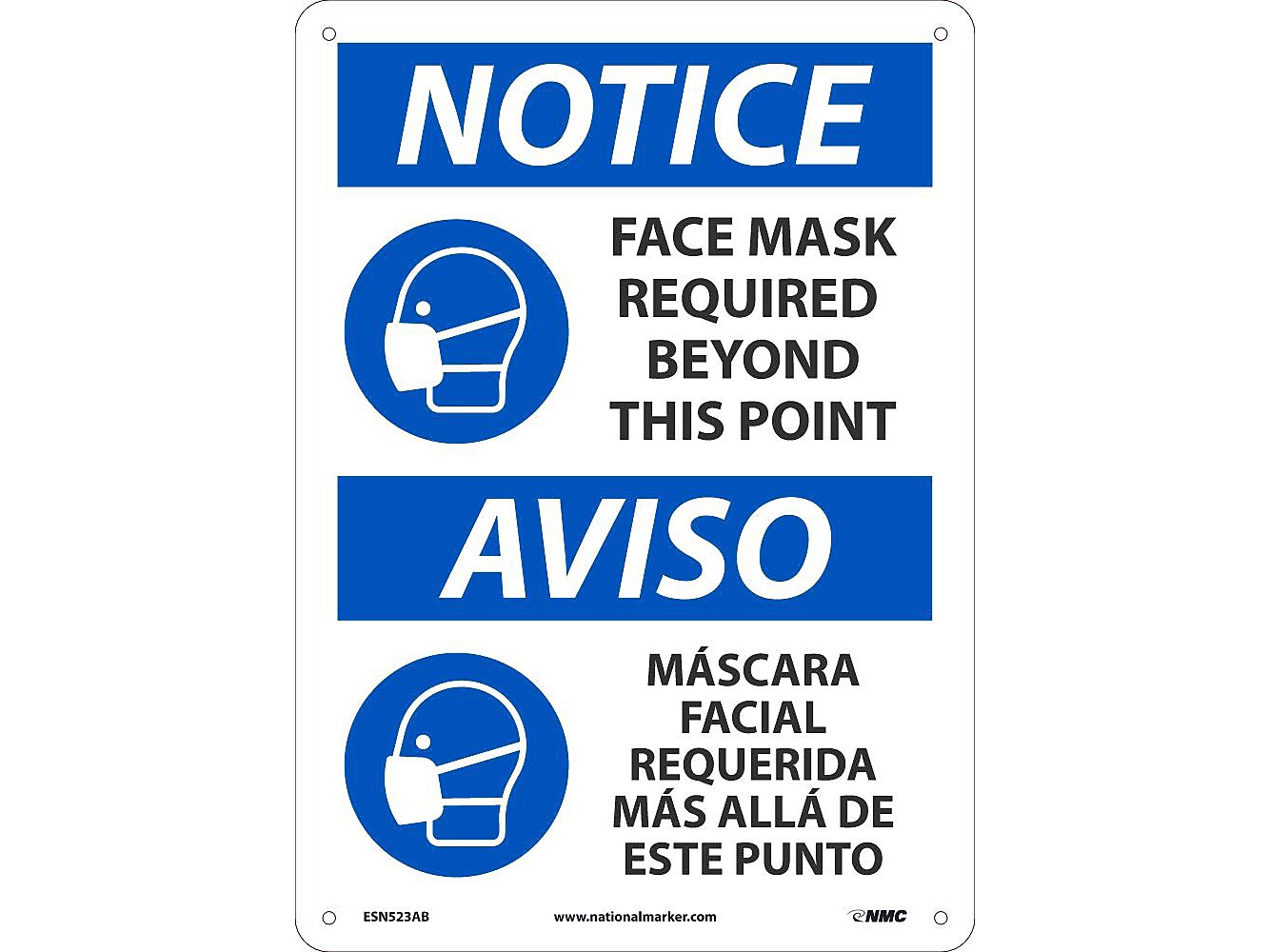 National Marker Wall Sign, "Notice: Face Mask Required," Aluminum, 14" x 10", White/Blue (ESN523AB)