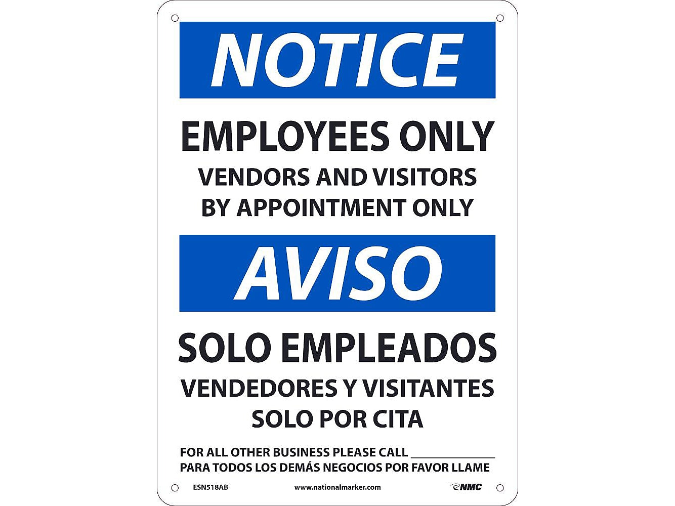 National Marker Wall Sign, "Notice: Employees Only," Aluminum, 14" x 10", White/Blue (ESN518AB)
