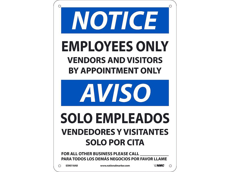 National Marker Wall Sign, "Notice: Employees Only," Aluminum, 14" x 10", White/Blue (ESN518AB)