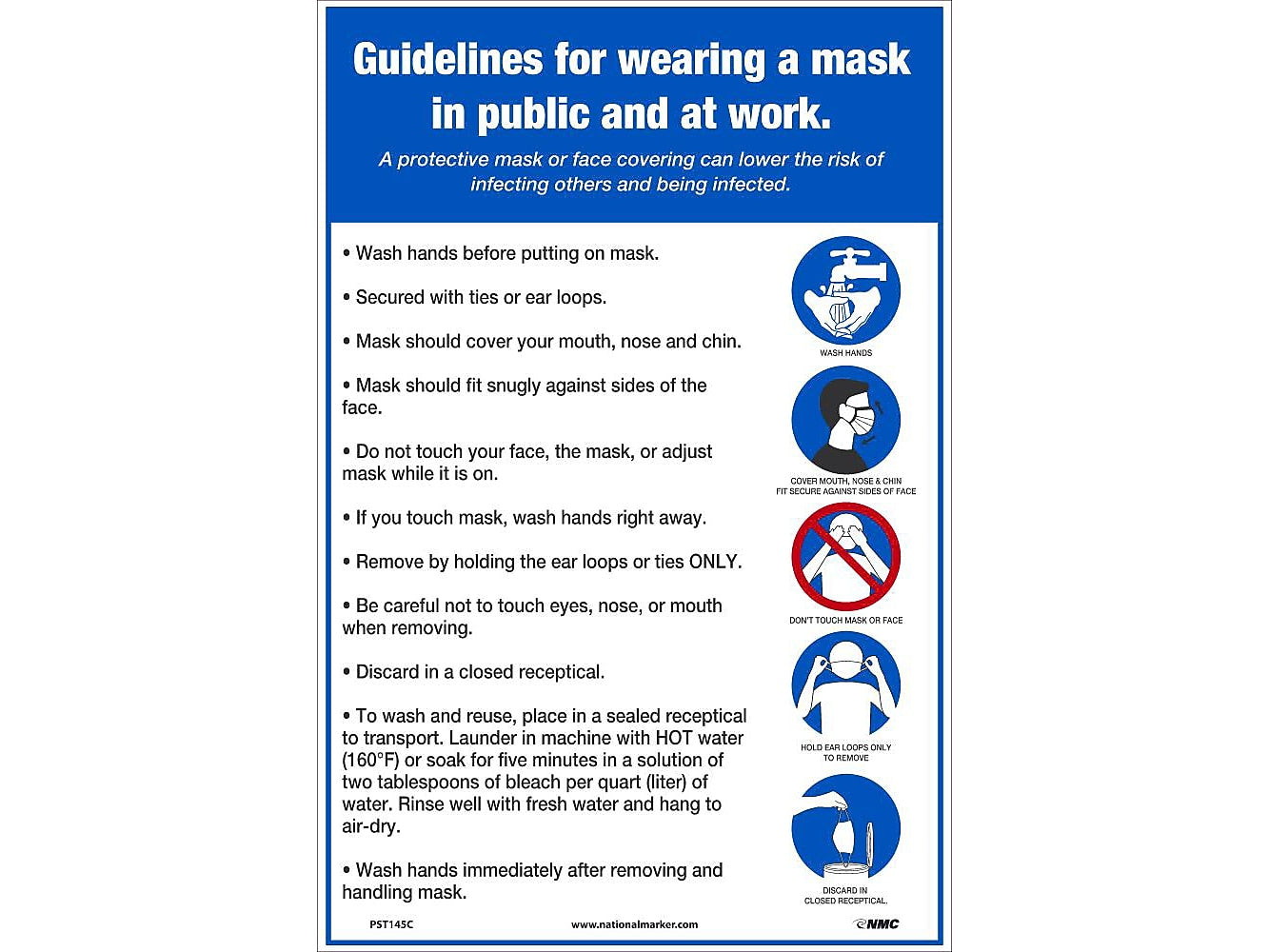 National Marker Vinyl Poster, "Guidelines for wearing a mask in public and at work," 18" x 12", White/Blue (PST145C)