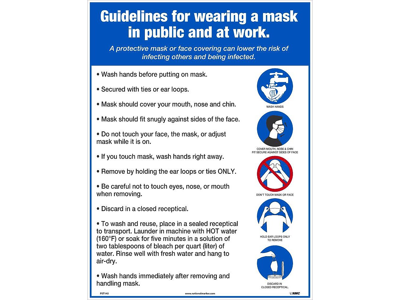 National Marker Poster, "Guidelines for Wearing a Mask in Public and at Work," 24" x 18", White/Blue (PST145)