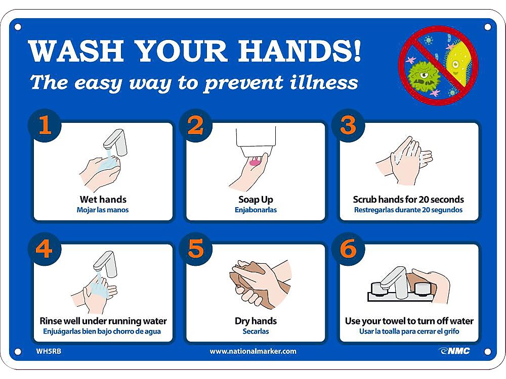 National Marker Wall Sign, "Wash Your Hands!," Plastic, 10" x 14", Blue/White (WH5RB)