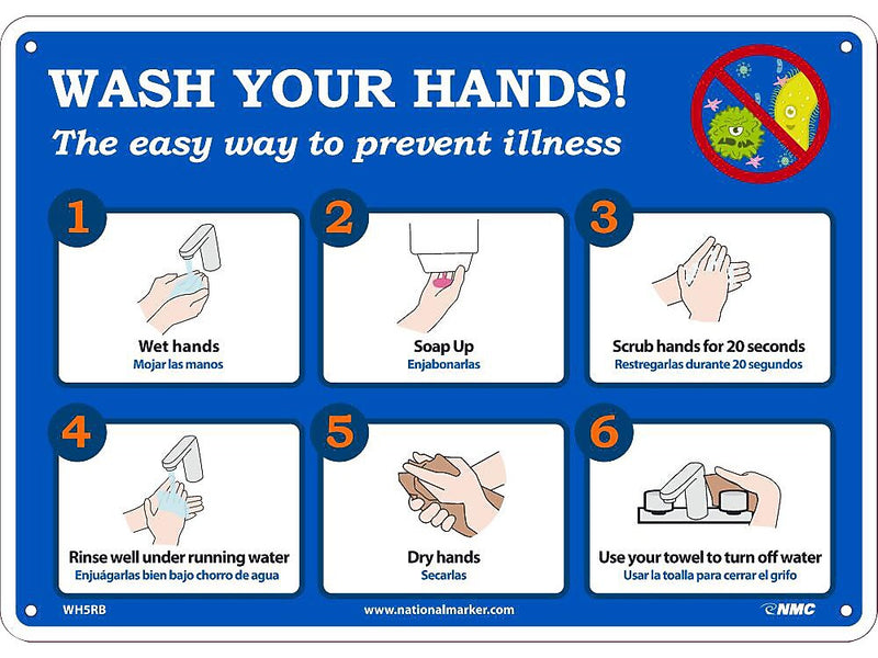 National Marker Wall Sign, "Wash Your Hands!," Plastic, 10" x 14", Blue/White (WH5RB)
