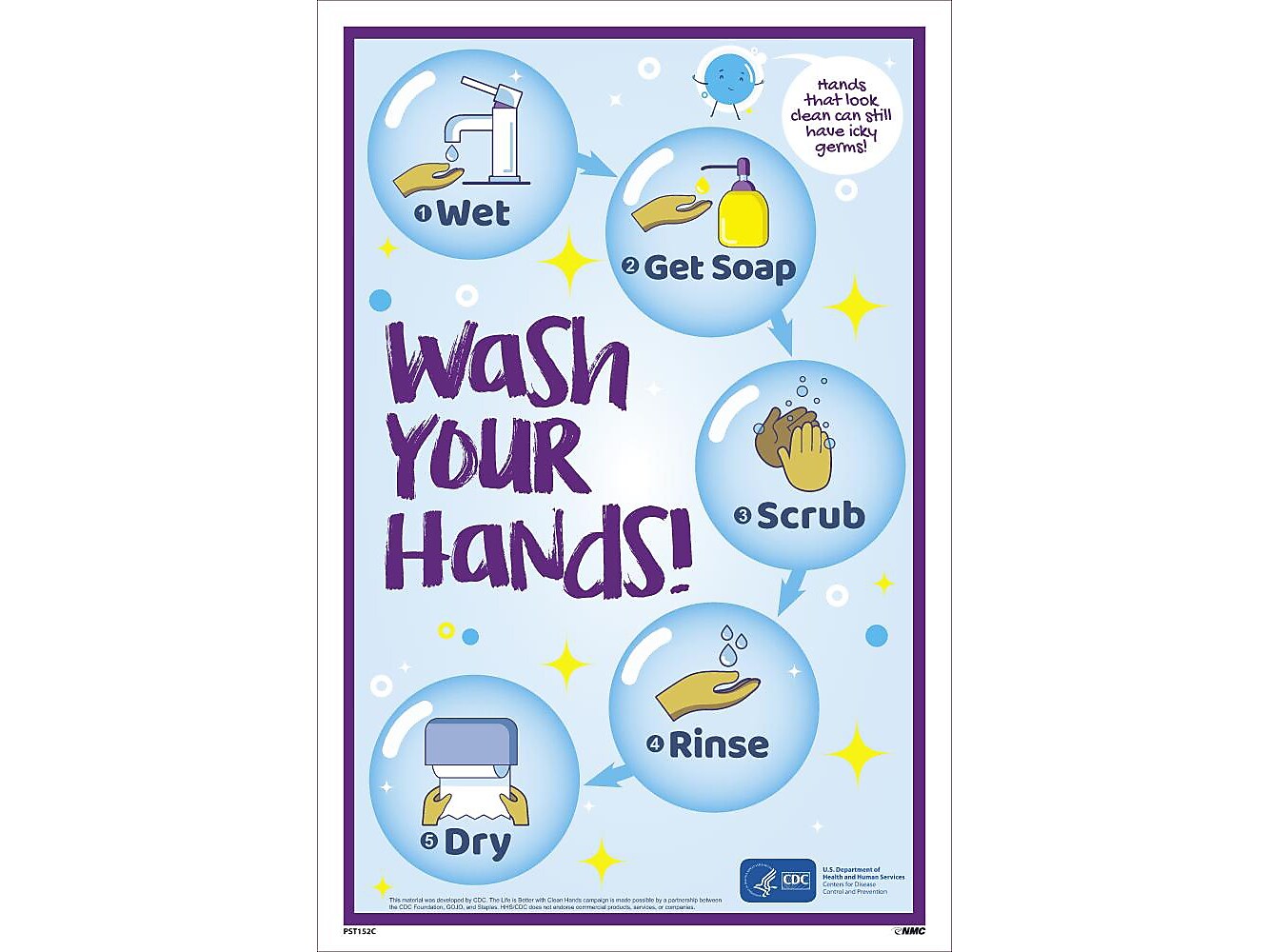 National Marker Vinyl Poster, "Wash Your Hands!," 18" x 12", Blue (PST152C)