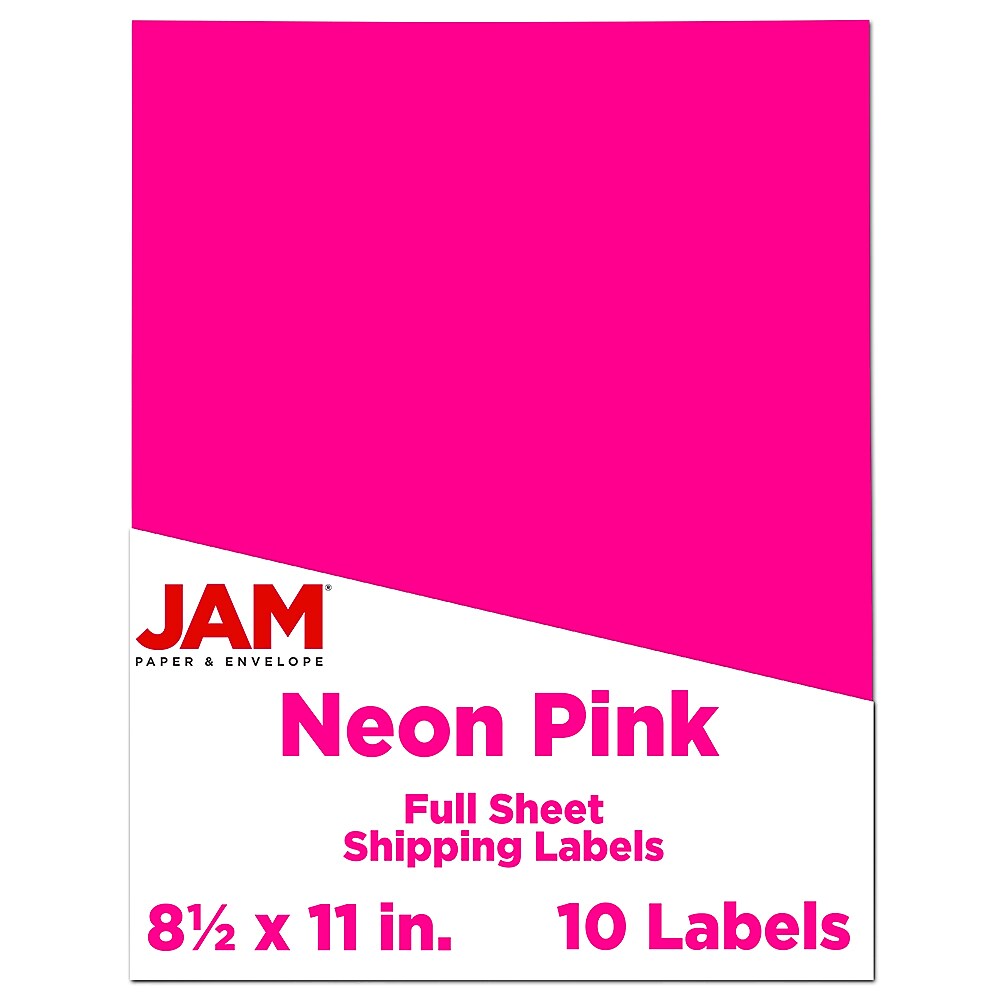 JAM Paper Shipping Labels, 8 1/2" x 11", Neon Pink, 1 Label/Sheet, 10 Labels/Pack (337628614)