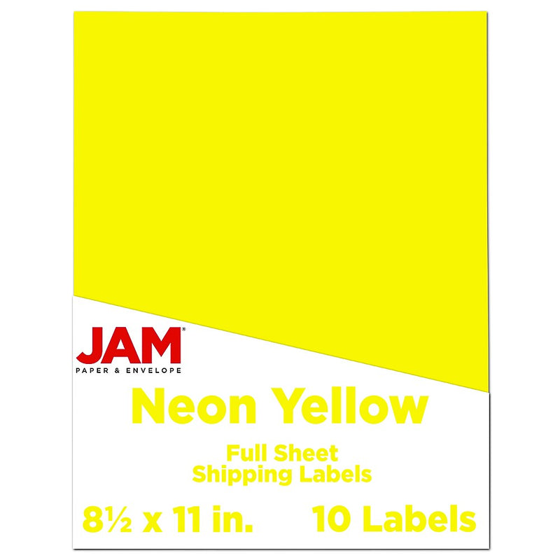 JAM Paper Shipping Labels, 8 1/2" x 11", Neon Yellow, 1 Label/Sheet, 10 Labels/Pack (337628611)