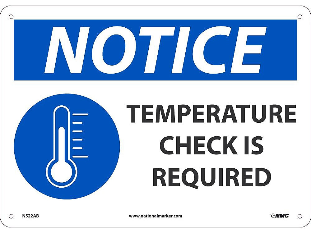 National Marker Wall Sign, "Notice: Temperature Check is Required," Aluminum, 14" x 10", Blue/White (N522AB)
