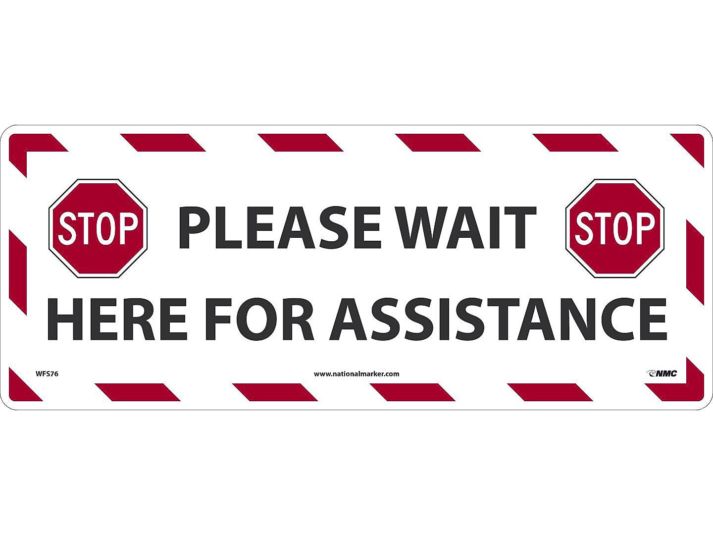 National Marker Walk-On™ Floor Decal, "Please Wait Here for Assistance," 8" x 20", White/Red/Black (WFS76)