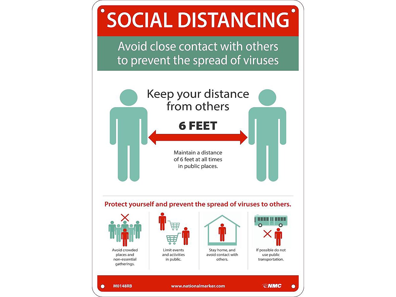 National Marker Wall Sign, "Social Distancing," Plastic, 14" x 10", Green/White/Red (M0148RB)