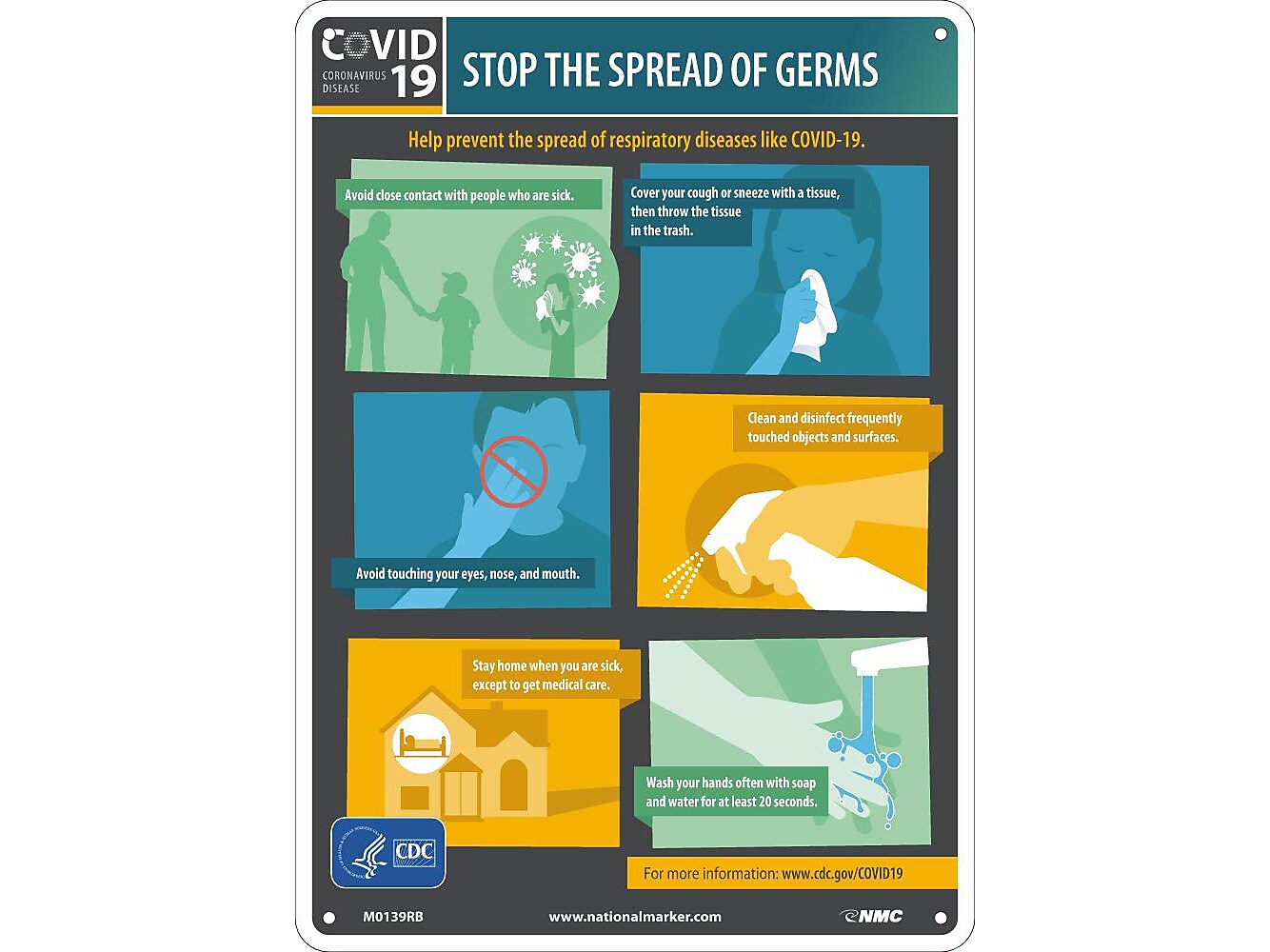 National Marker Wall Sign, "COVID-19 Stop the Spread of Germs," Plastic, 14" x 10", Multicolor (M0139RB)