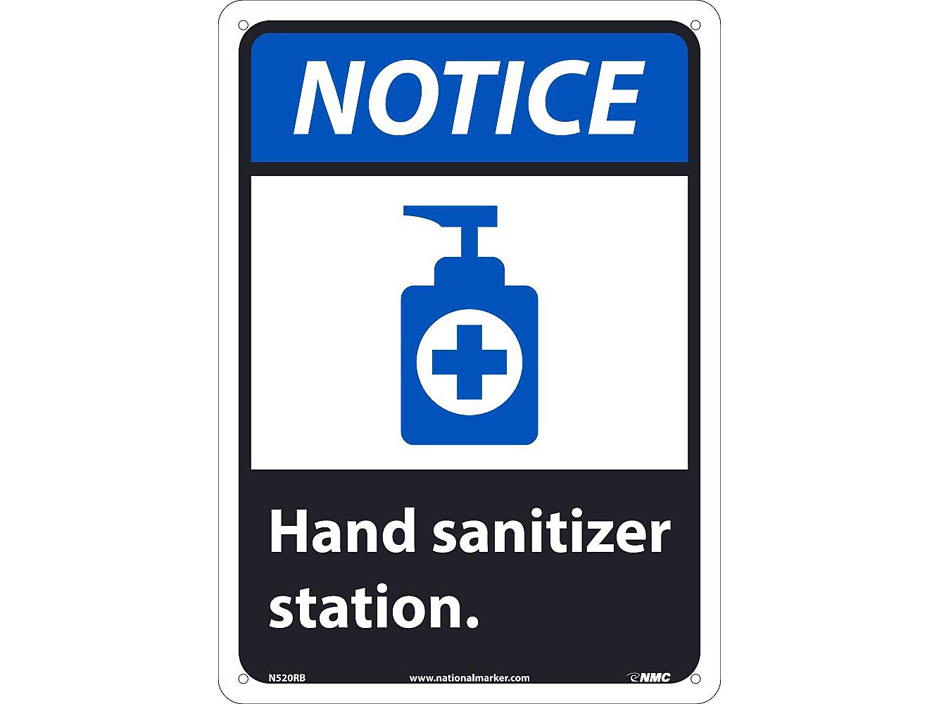 National Marker Wall Sign, "Notice: Hand Sanitizer Station," Plastic, 14" x 10", Blue/White/Black (N520RB)