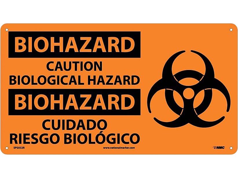 National Marker Wall Sign, "Biohazard: Caution Biological Hazard," Adhesive Vinyl, 10" x 18", Orange/Black (SPSA52R)