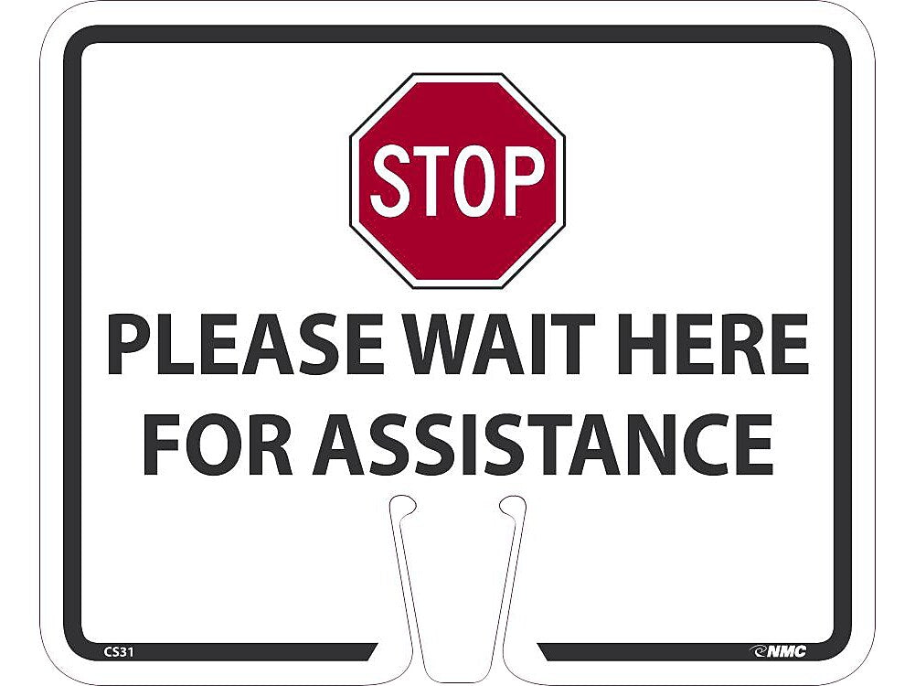 National Marker Cone Top, "Please Wait Here for Assistance," 10.38" x 12.63", White (CS31)