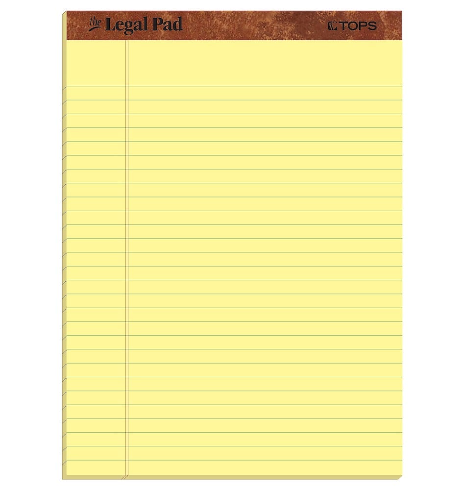 TOPS The Legal Pad Notepad, 8.5" x 11.75", Wide Ruled, Canary, 50 Sheets/Pad, 3 Pads/Pack (75327)