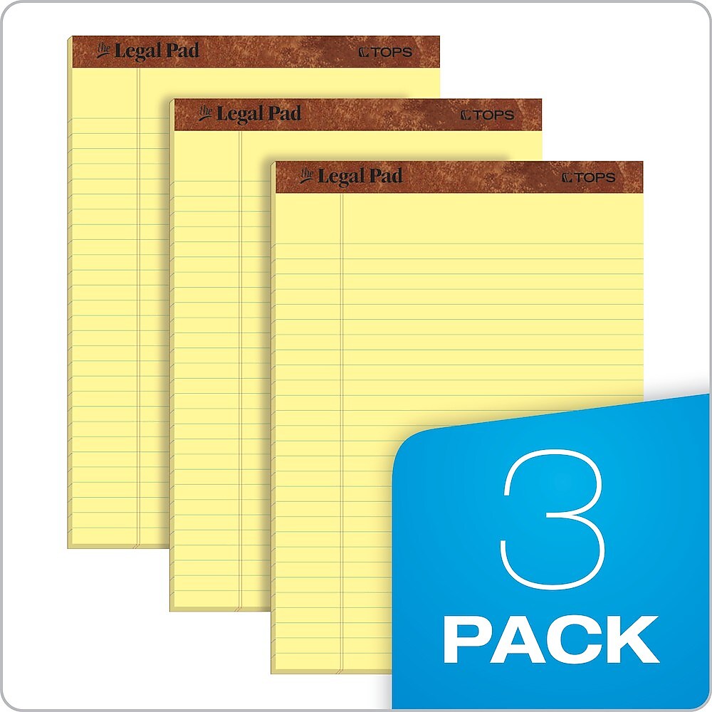 TOPS The Legal Pad Notepad, 8.5" x 11.75", Wide Ruled, Canary, 50 Sheets/Pad, 3 Pads/Pack (75327)