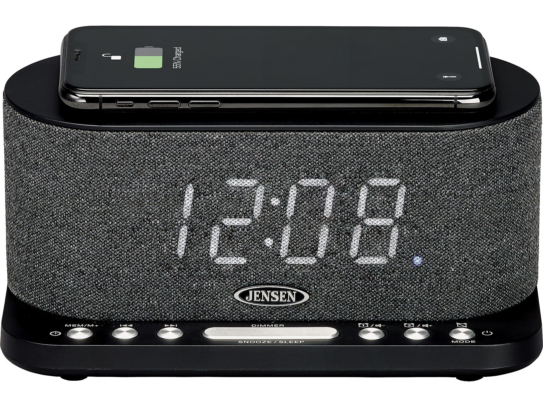 Jensen QICR-50 Dual Alarm Clock Radio with Wireless Qi Charging, Black