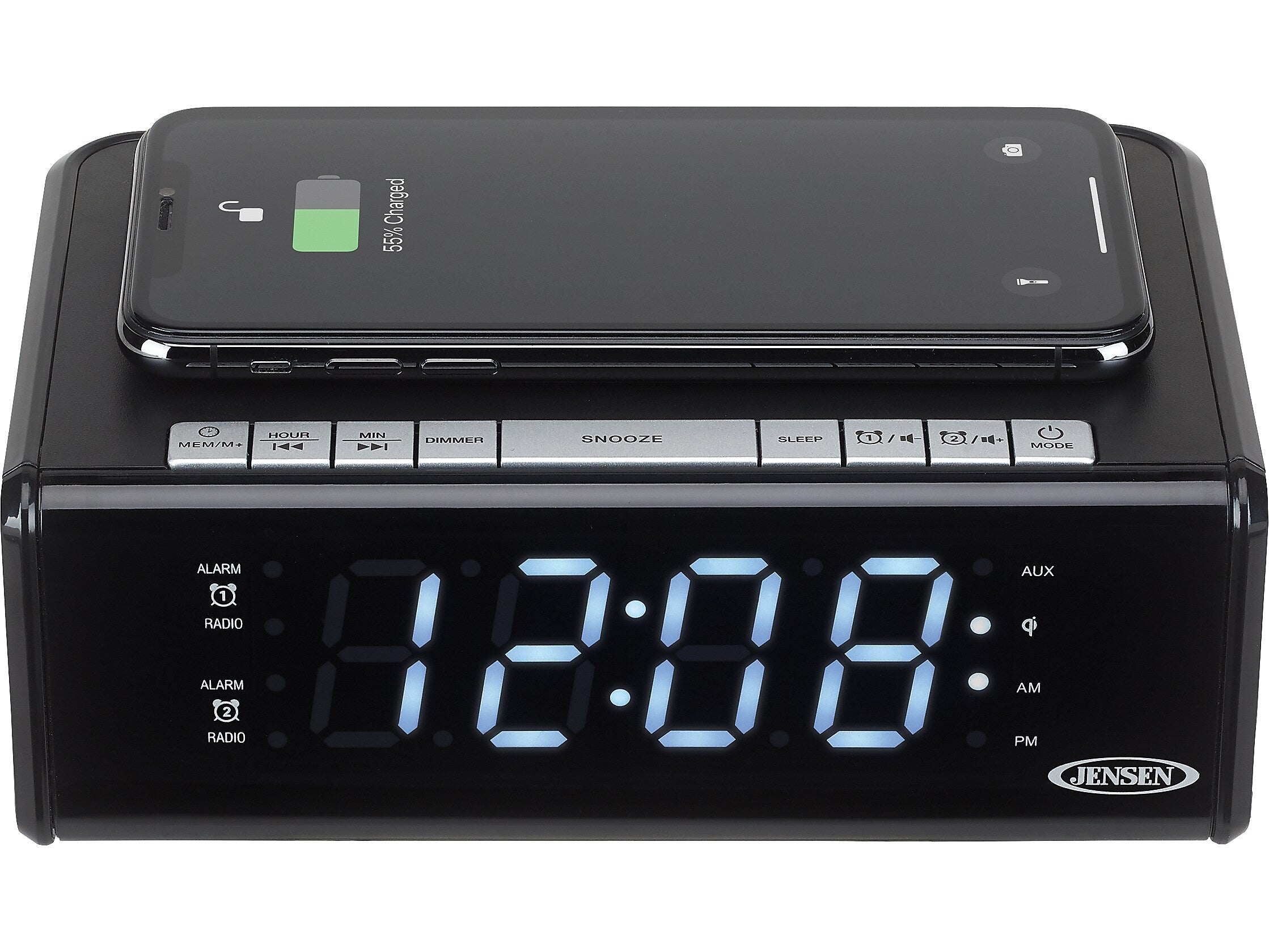 Jensen QICR-200 Dual Alarm Clock Radio with Wireless Qi Charging, Black (QICR-200)