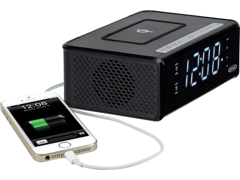 Jensen QICR-200 Dual Alarm Clock Radio with Wireless Qi Charging, Black (QICR-200)