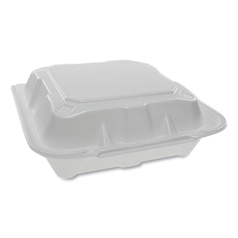 Pactiv Foam Hinged Lid Containers, Dual Tab Lock, 8.42 x 8.15 x 3, 1-Compartment, White, 150/Carton